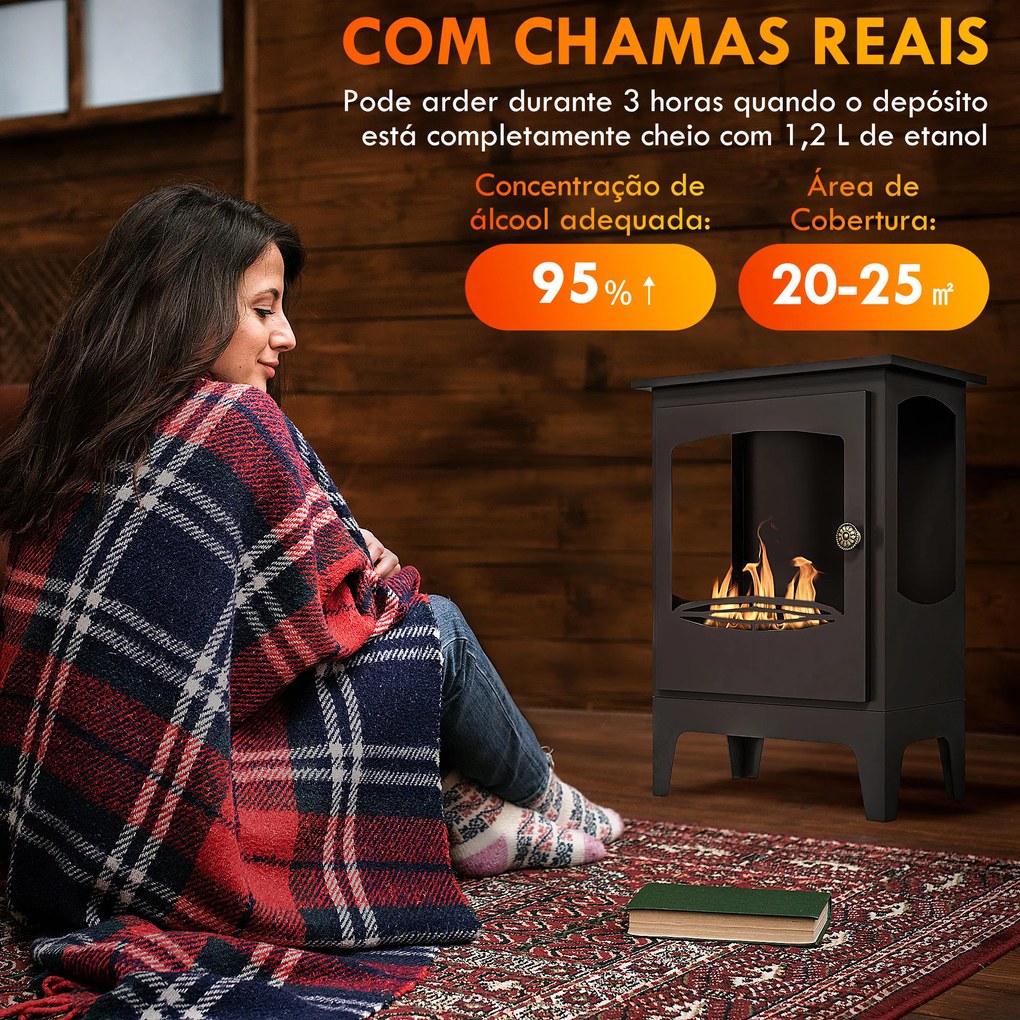 HOMCOM Lareira de Etanol 7000BTU Lareira de Bioetanol de Aço com Apagador de Aço Inoxidável Depósito de 1,2L Tempo de Combustão 3h para Interiores 20-25 m² 39x26x54 cm Preto