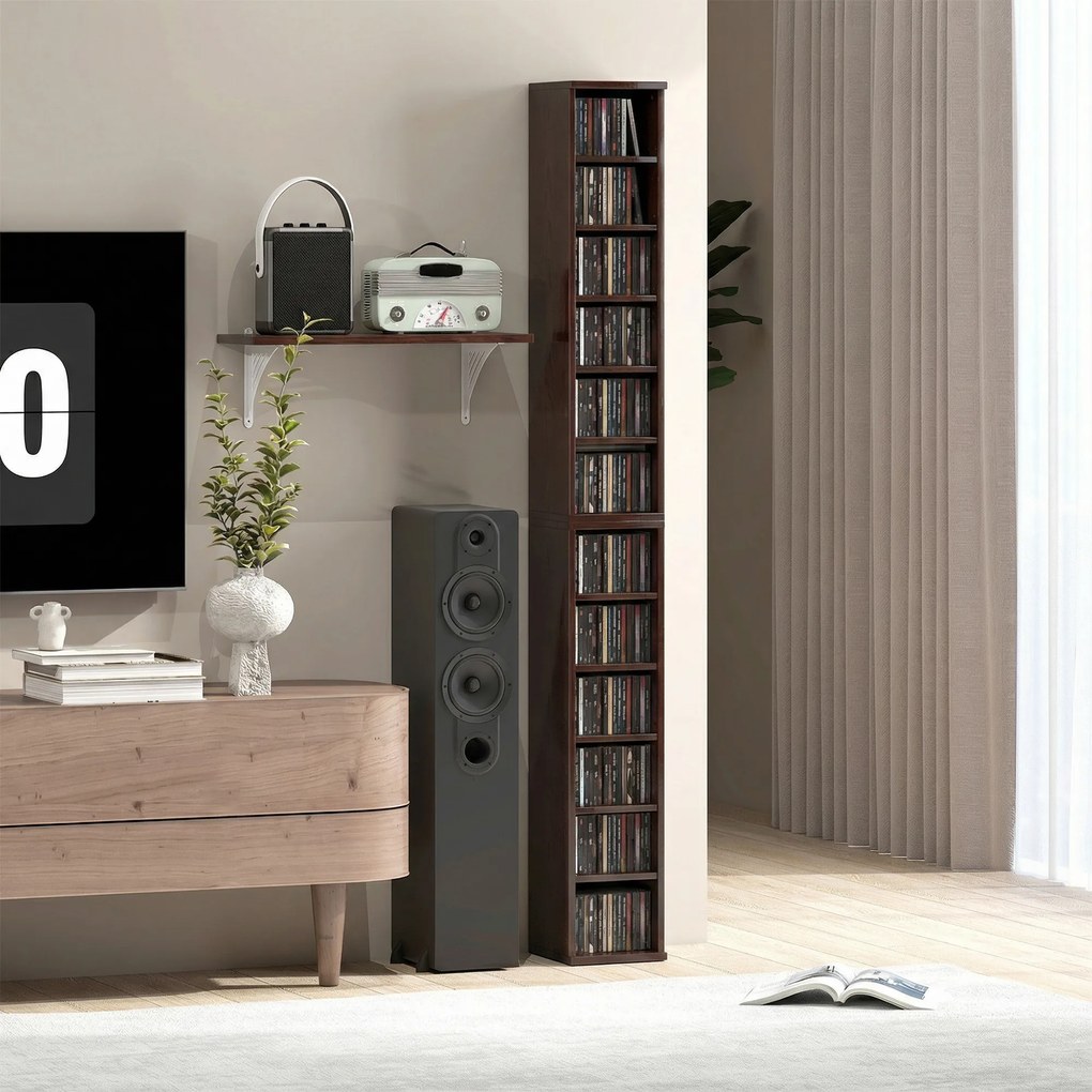 Conjunto de 2 prateleiras verticais para arrumação de CDs e DVDs, com 12 compartimentos, 21 x 22,5 x 88,5 cm, capacidade para 204 CDs, castanho