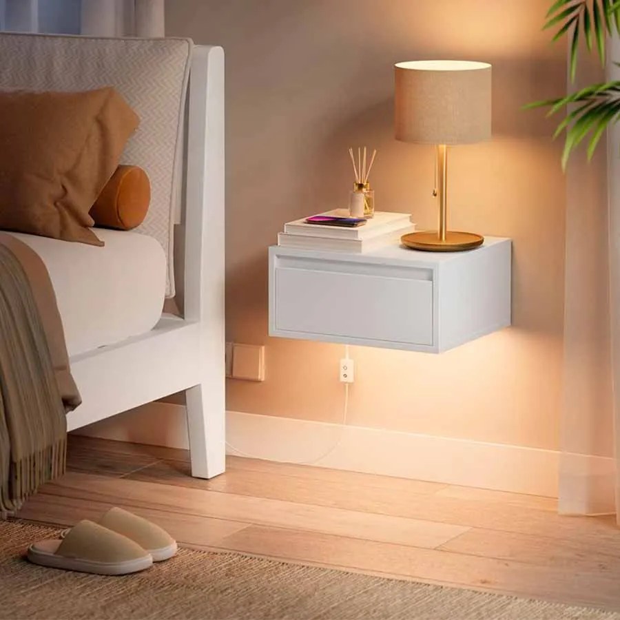 Mesa de cabeçeira suspensa com luzes em 3 cores branco