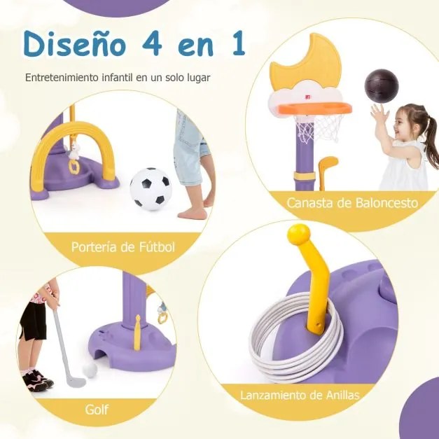 Cesto de basquetebol 4 em 1 para crianças Centro de actividades desportivas ajustável com anéis de basquetebol, futebol, golfe Amarelo