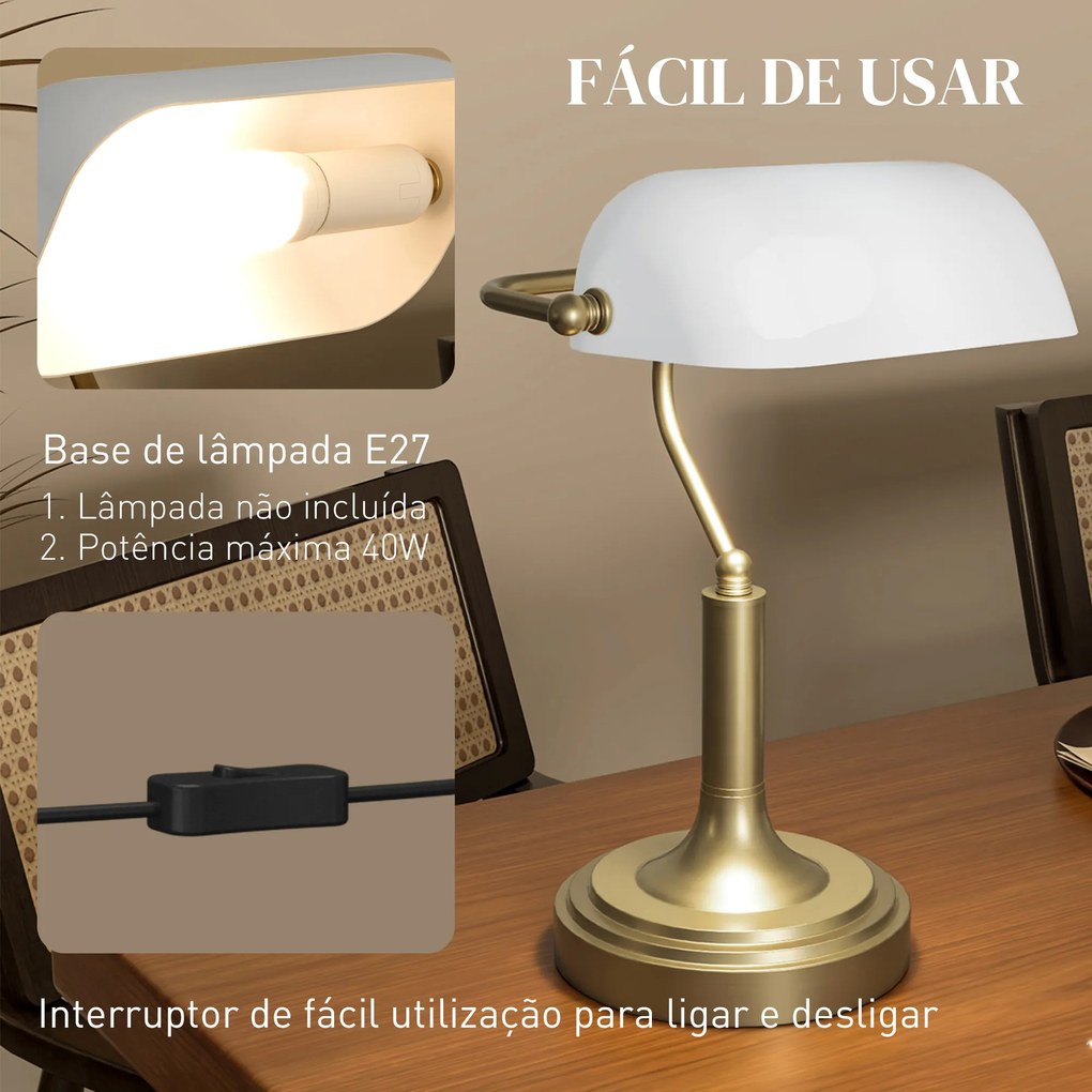 Candeeiro de Mesa Banqueiro Candeeiro de Mesa Vintage E27 com Ecrã Orientável a 45° 26,8x22x39,5 cm Branco