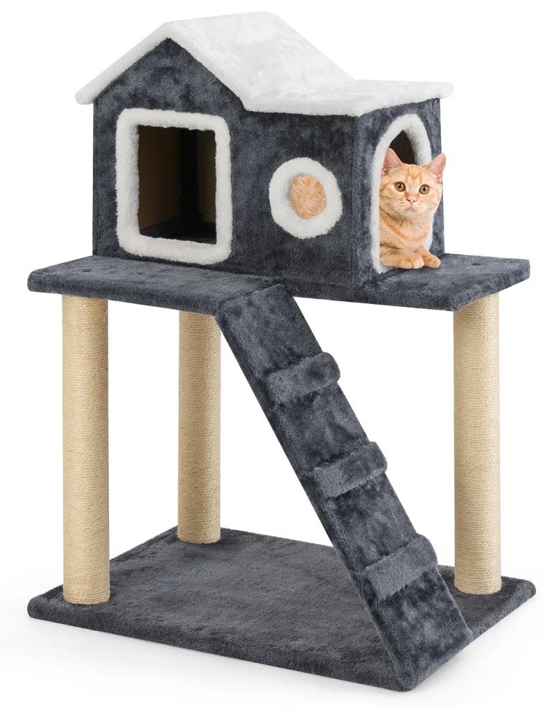 Arranhador para gatos moderna de 90 cm Árvore para gatos de 3 níveis com telhado que pode ser aberto Postes de arranhar em sisal Escada para gatos Tor