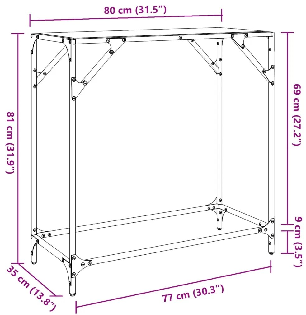 Mesa consola com tampo em vidro transparente 80x35x81 cm aço