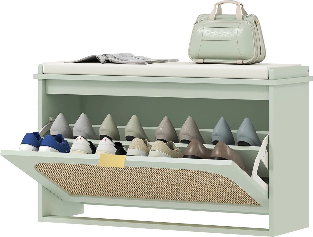 Sapateira 80 x 26 x 47,5 cm, banco com arrumação, assento almofadado, gaveta rebatível, porta em rattan, verde