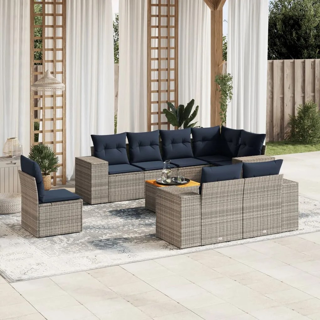 vidaXL 9 pcs conjunto sofás p/ jardim c/ almofadões vime PE cinzento