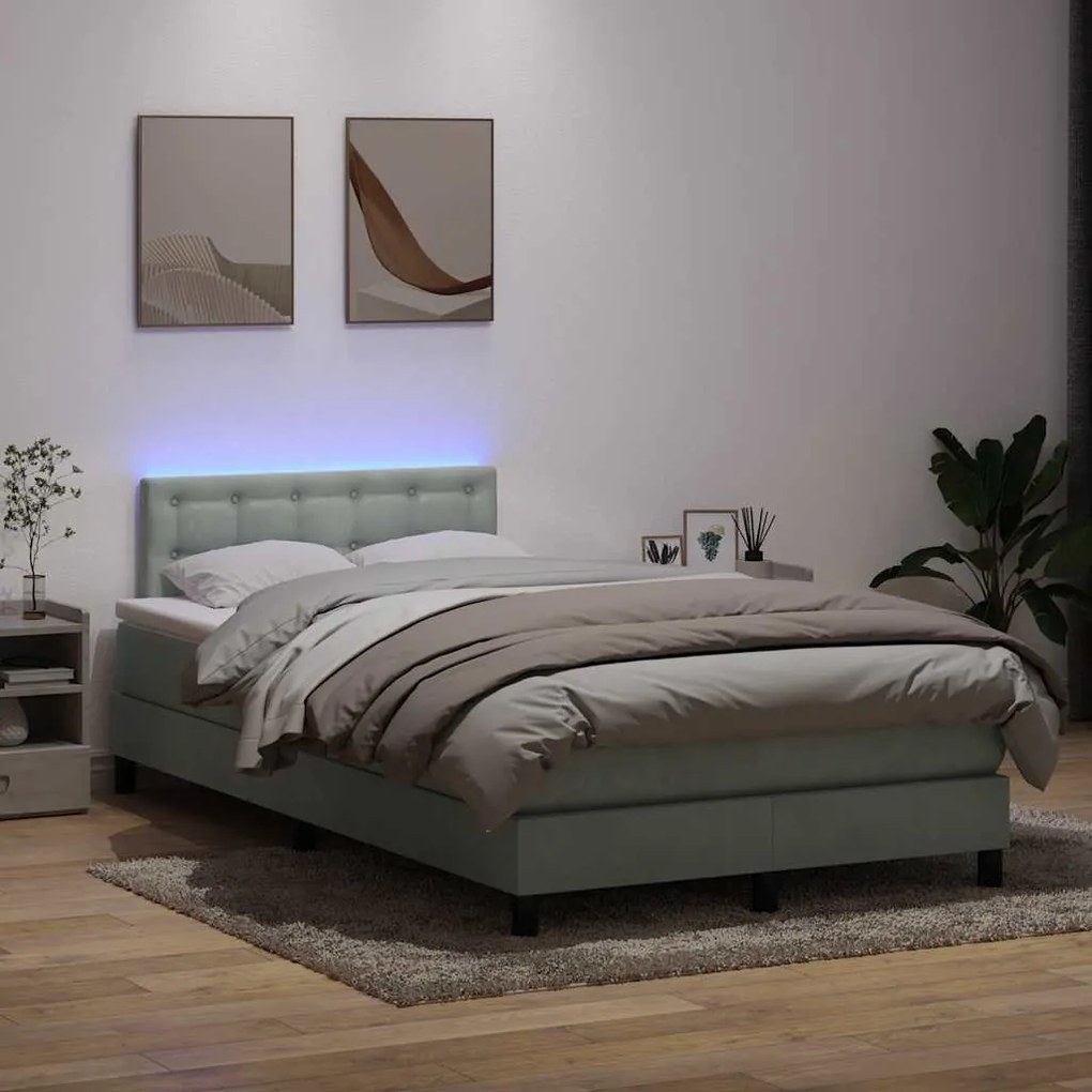 vidaXL Cama box spring c/ colchão e LED 120x210 cm veludo cinzento-claro