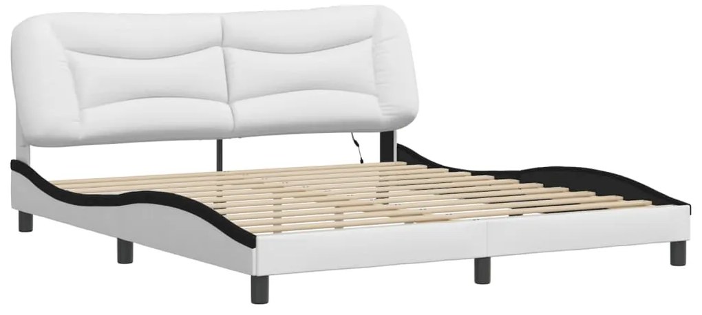 Estrutura cama c/ luzes LED 180x200cm couro artif. branco/preto