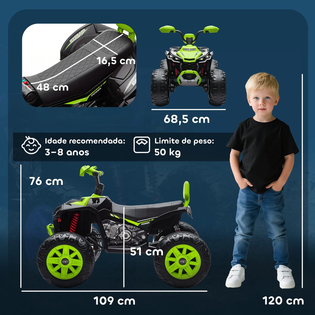 Moto 4 Elétrica para Crianças 24V com 2 Lugares 2 Motores Velocidade até 6,5 km/h Faróis Buzina Música e USB 109x68,5x76 cm Verde