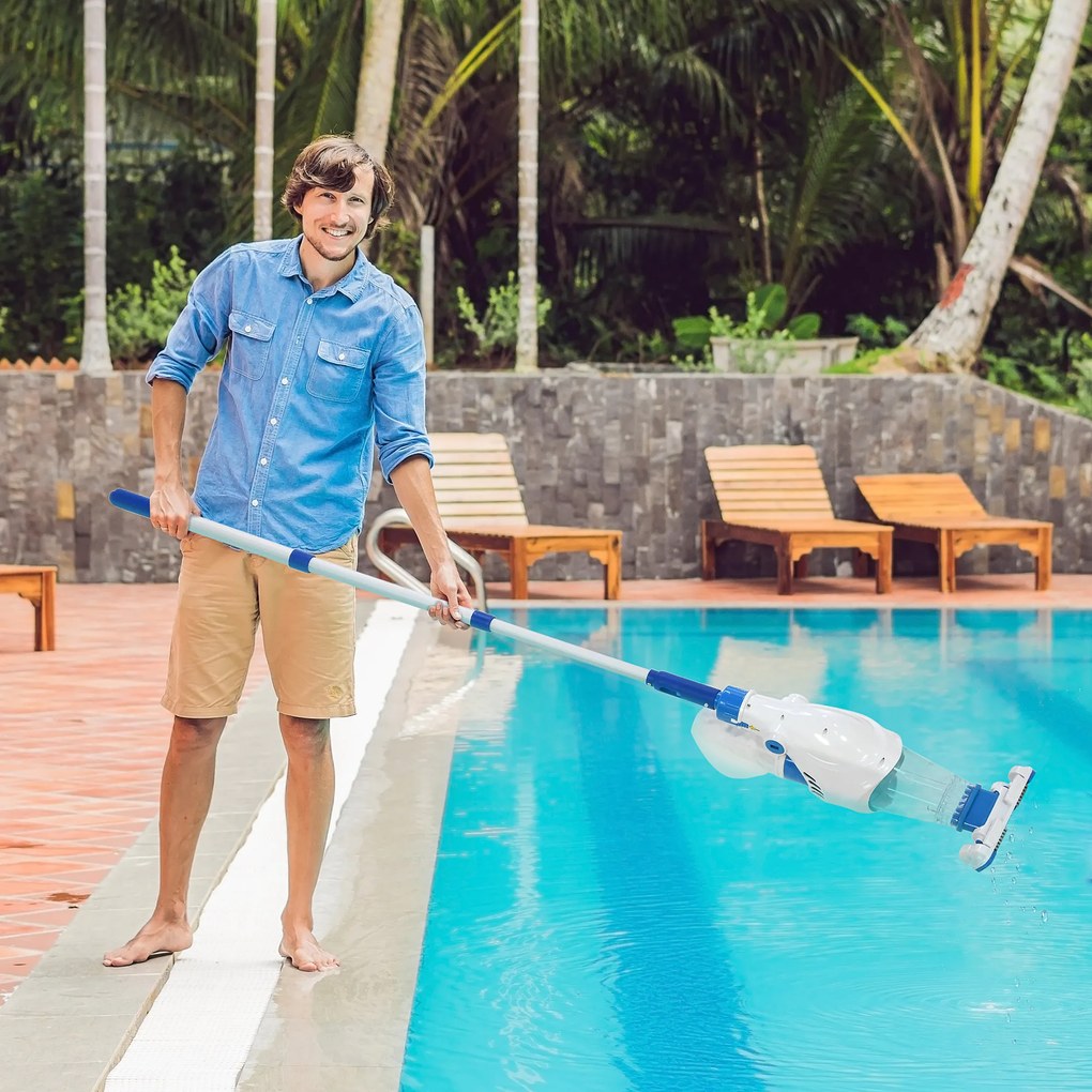 Outsunny Aspirador Limpador para Piscina Elétrico Autonomia de 45 Minutos com Poste Telescópico 54-113cm Escova e Bolsa de Malha para Piscinas Spas 161x20x17cm Azul e Branco