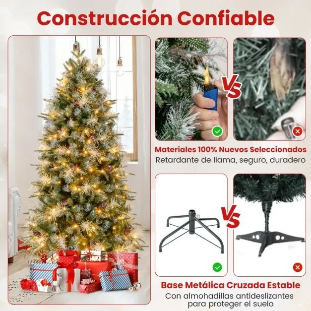 Árvore de Natal artificial pré-iluminada de 180 cm com dobradiças, 806 pontas de ramos em PE, PVC 270 luzes LED verde