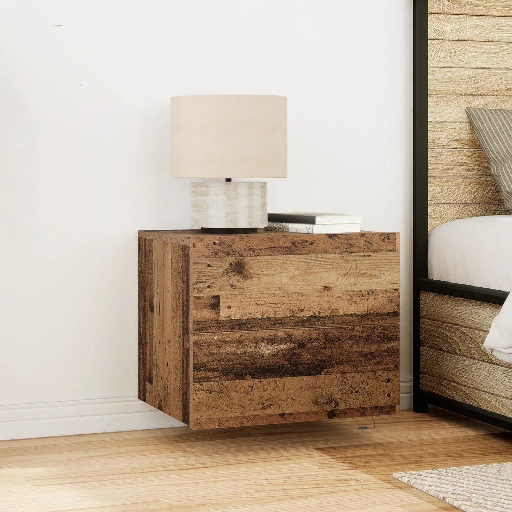 Cômoda de Cabeceira vidaXL com LED Montada na Parede em Madeira Antiga 50x39x41 cm