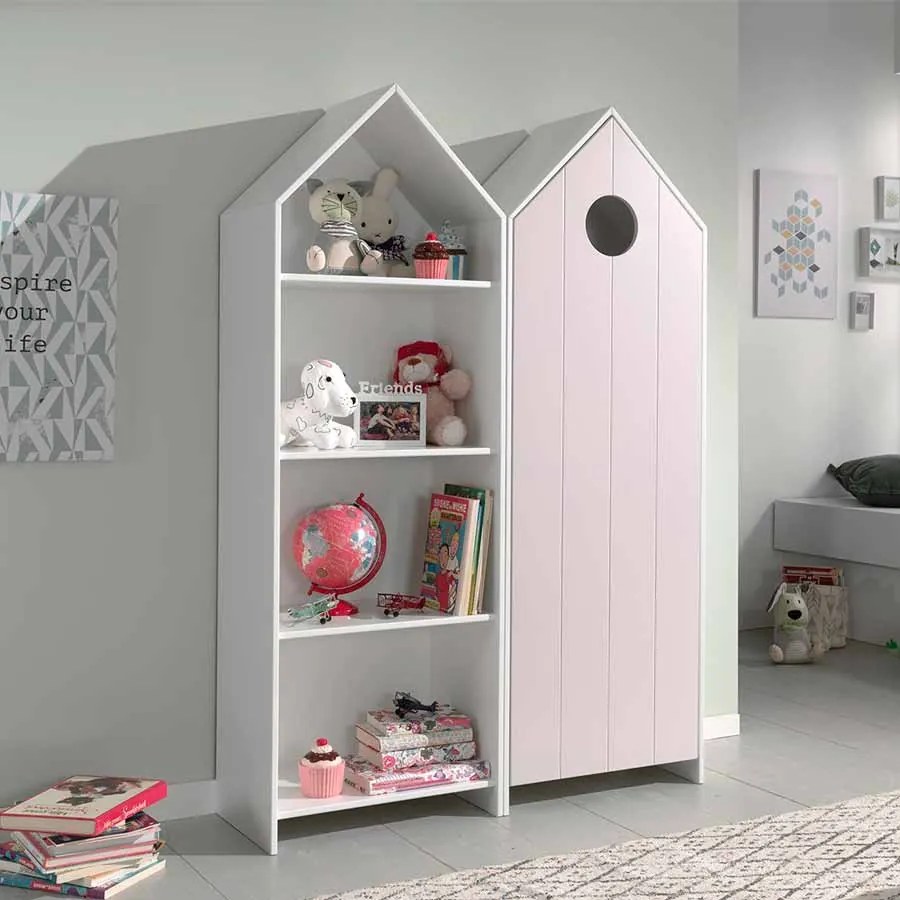 Conjunto 1 armario Guarda Roupa infantil + estante infantil coleção CASAMI Branco e Rosa