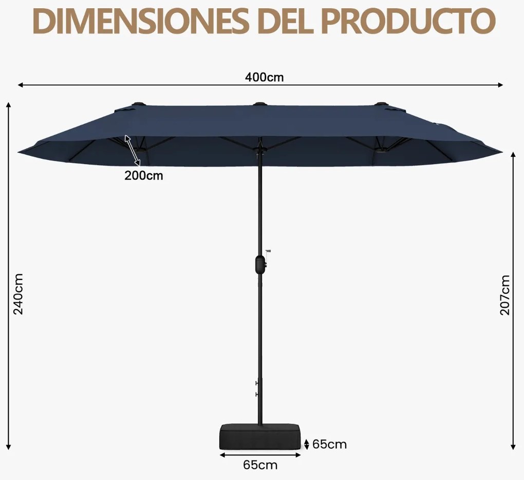 Guarda-sol duplo 400x200 cm jardim duplo para exterior com base recarregável, manivela e 12 varas de alta resistência Azul Marinho