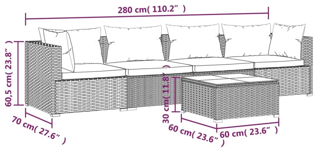 5 pcs conjunto lounge de jardim c/ almofadões vime PE cinzento