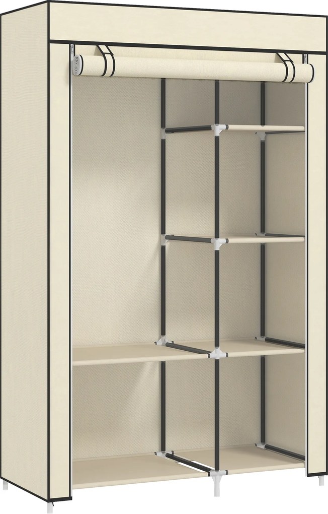 HOMCOM Roupeiro de Tecido Dobrável com 6 Prateleiras e 1 Barra de Pendurar para Dormitório Vestidor 103x43x162,5cm Creme | Aosom Portugal