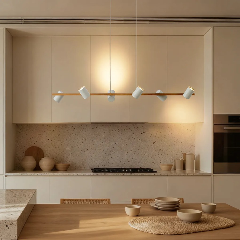 Candeeiro suspenso moderno com impressão de madeira e 6 luzes brancas - Jeana Straight