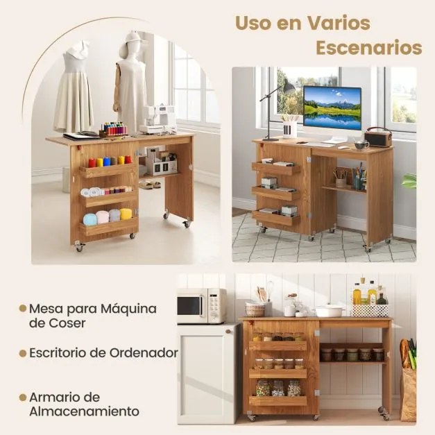 Mesa de costura dobrável com prateleira, 3 compartimentos ocultos e rodas bloqueáveis, 118,5 x 40 x 79,5 cm, natural