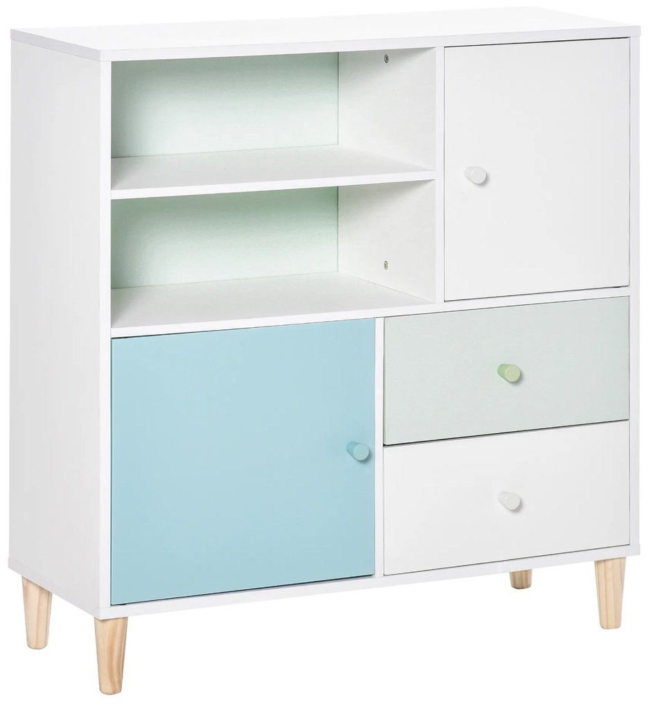 HOMCOM Móvel Infantil Cómoda para Crianças com 2 Compartimentos 2 Gavetas e 2 Armários para Armazenamento de Livros Brinquedos Roupa 80x30x85cm Azul Verde Menta Branco
