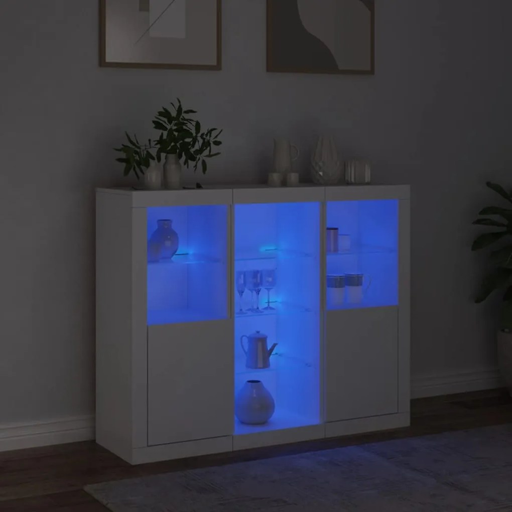 Aparadores c/ luzes LED 3 pcs derivados de madeira branco