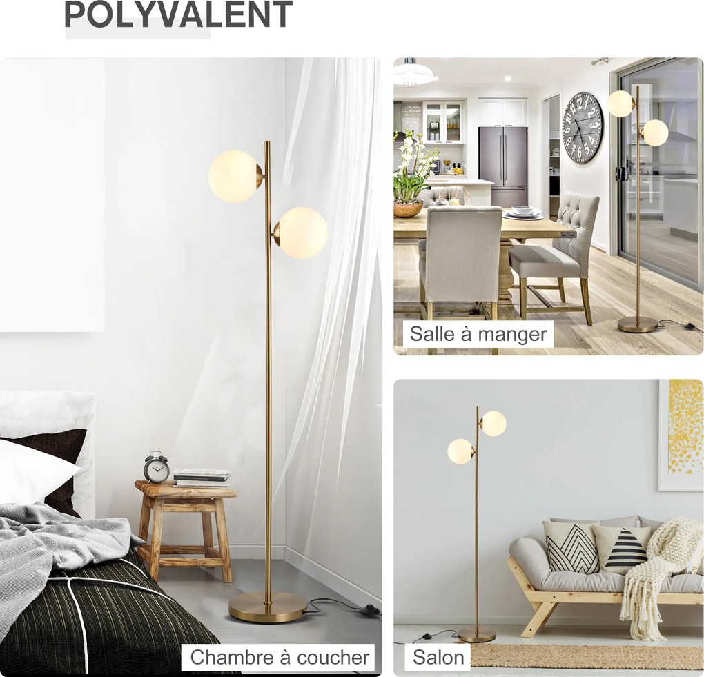 Candeeiro de pé de design para sala de estar, estilo neo-retro, com 2 lâmpadas esféricas, potência máxima de 40 W, em metal dourado