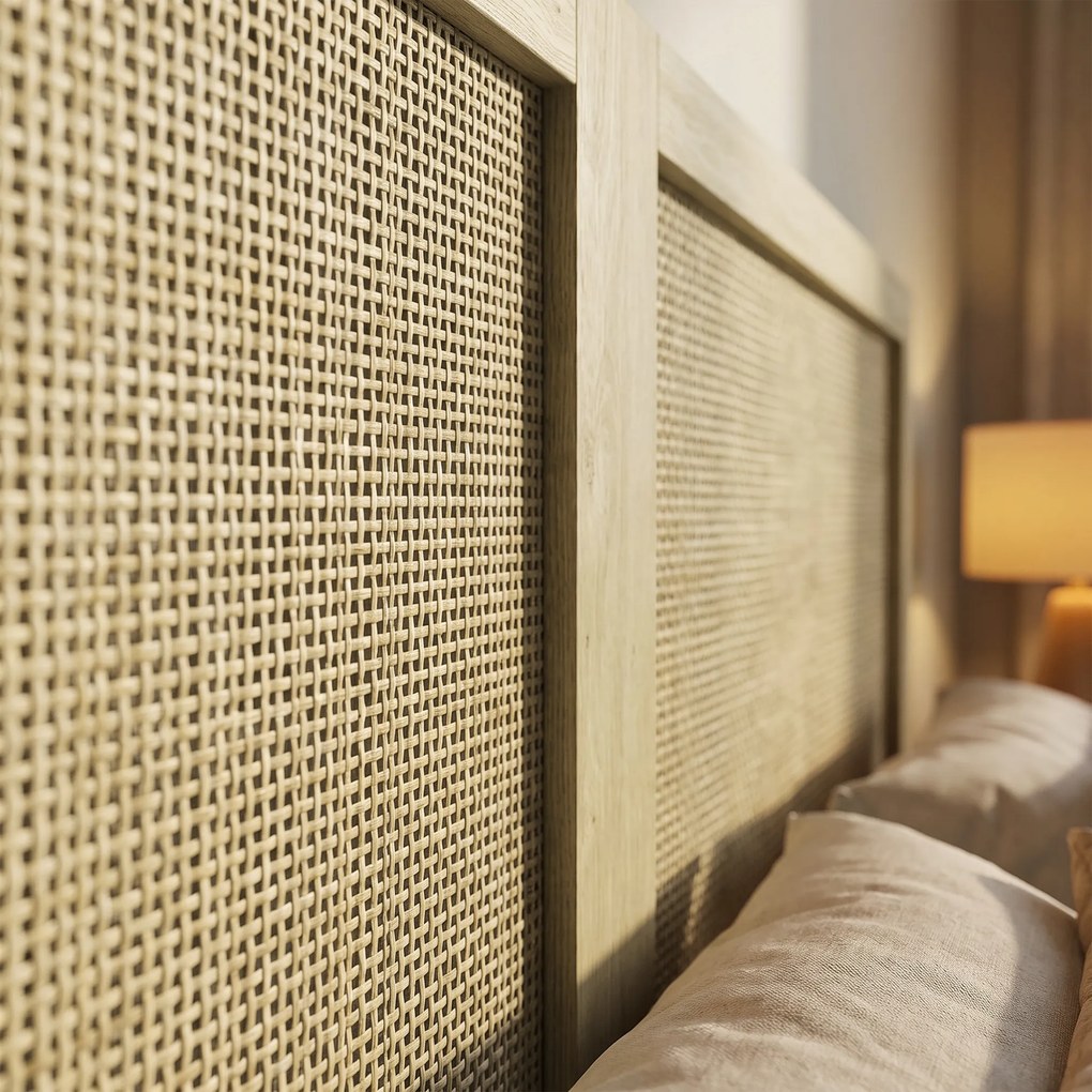 Cabeceira de Madeira com Efeito Rattan, Design Boho, para Quarto, 140 x 4 x 87 cm, Cor Carvalho