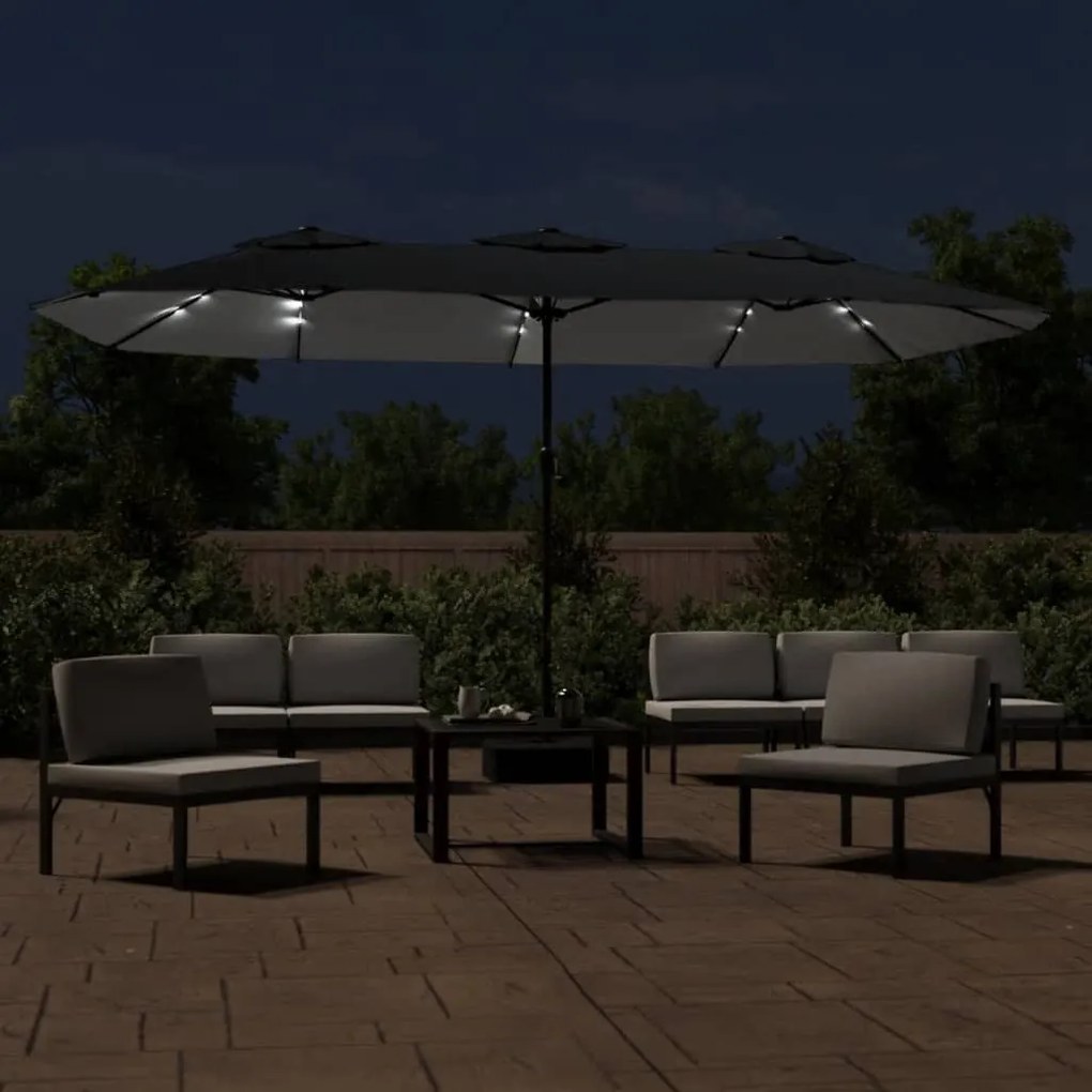Guarda-sol de jardim c/ cabeça dupla/luzes LED 449x245 cm preto