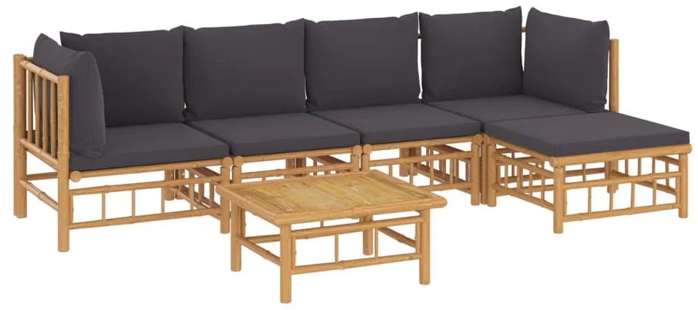 6 pcs conjunto lounge jardim bambu c/ almofadões cinza-escuro