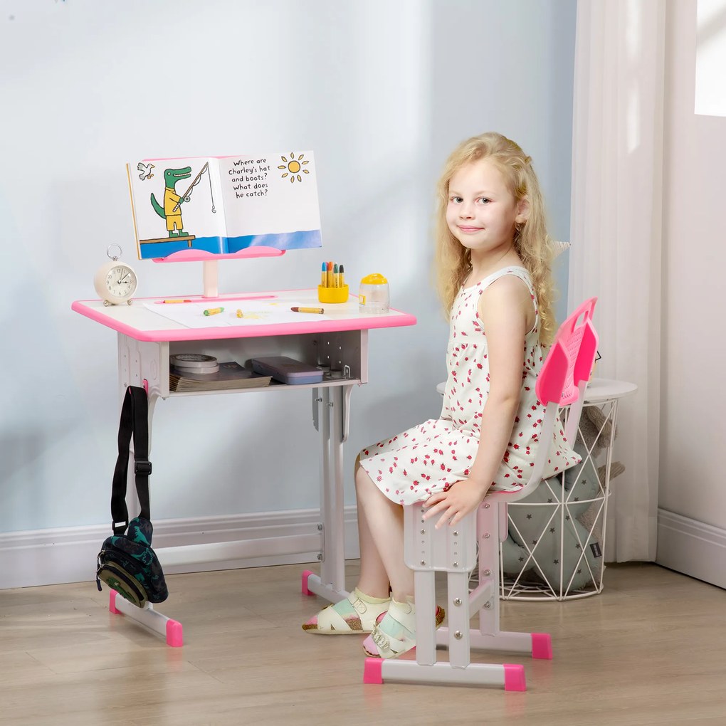 HOMCOM Conjunto de Secretária e Cadeira para Crianças de 6-12 Anos Secretária Infantil com Altura Ajustável 1 Gaveta 1 Suporte para Lápis e 1 Prateleira para Livros 60x45x90-120 cm Rosa