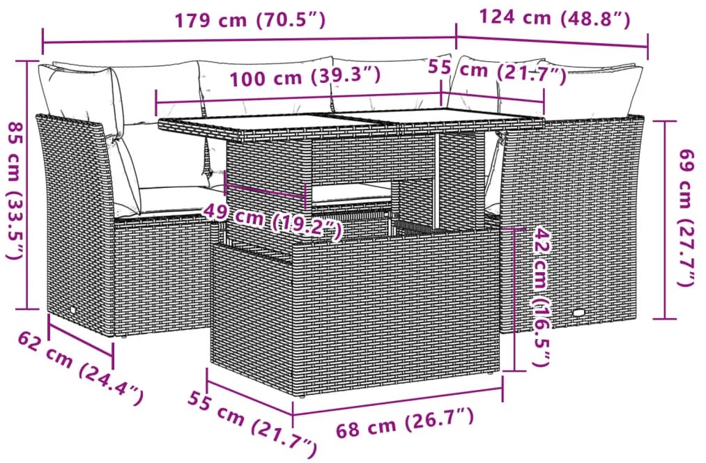 5 pcs conjunto sofás de jardim com almofadões vime PE preto