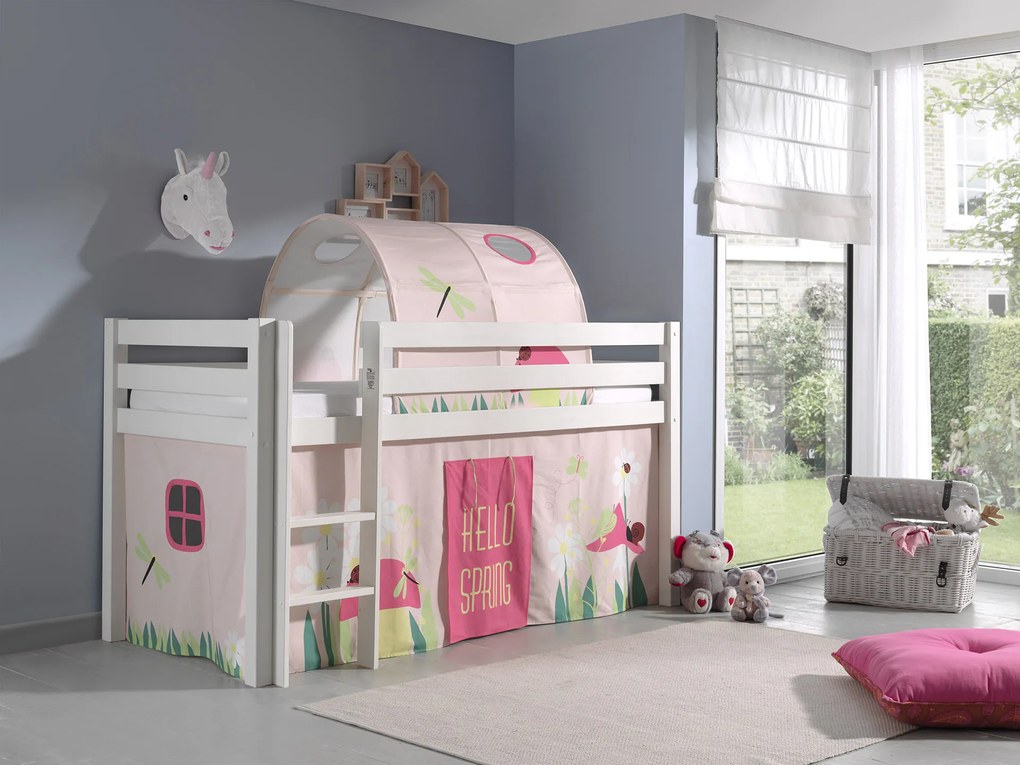 Conjunto Cama alta de Criança PINO 90 x 200 cm + estrado + escada + cortina + túnel Primavera Branca