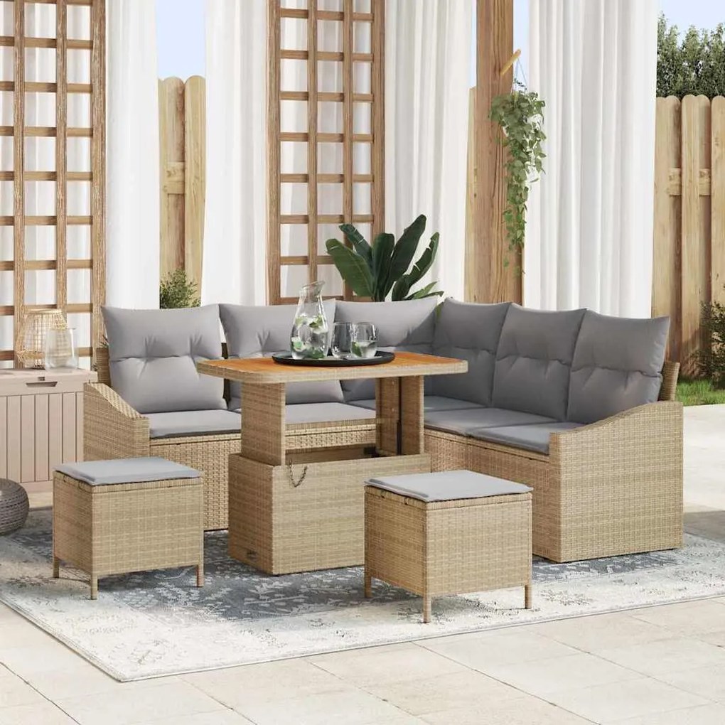 Conjunto de Sofá de Jardim vidaXL 8 Peças com Almofadas Bege Rattan Si
