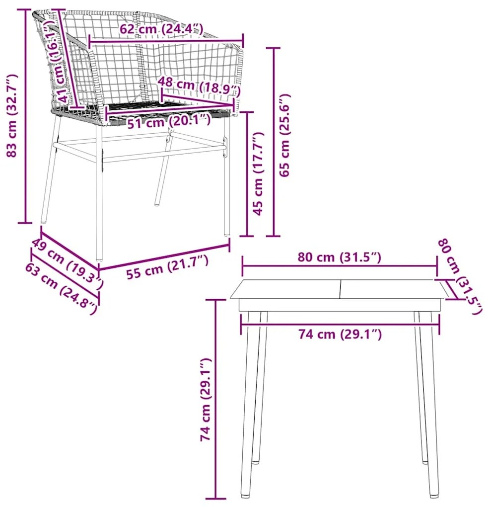 Conjunto jantar jardim 3 peças vidro vime PE castanho