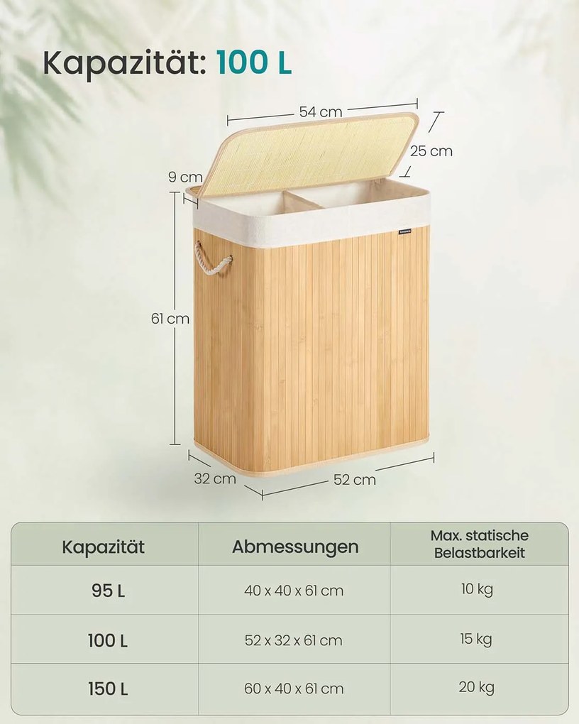 Cesto para roupa suja em bambu com 2 compartimentos 52 x 32 x 61 cm cor natural