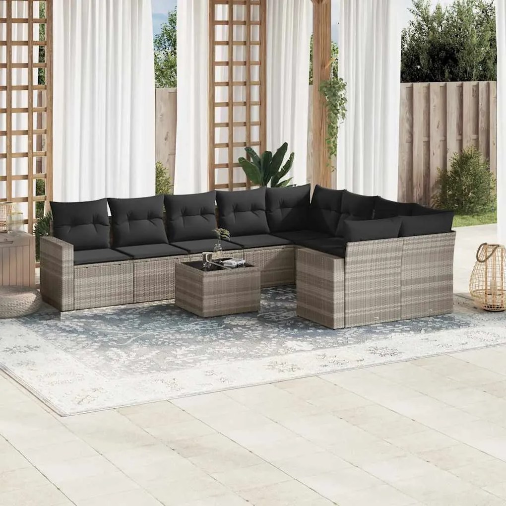 vidaXL 10 pcs conj. sofás jardim com almofadões vime PE cinzento-claro