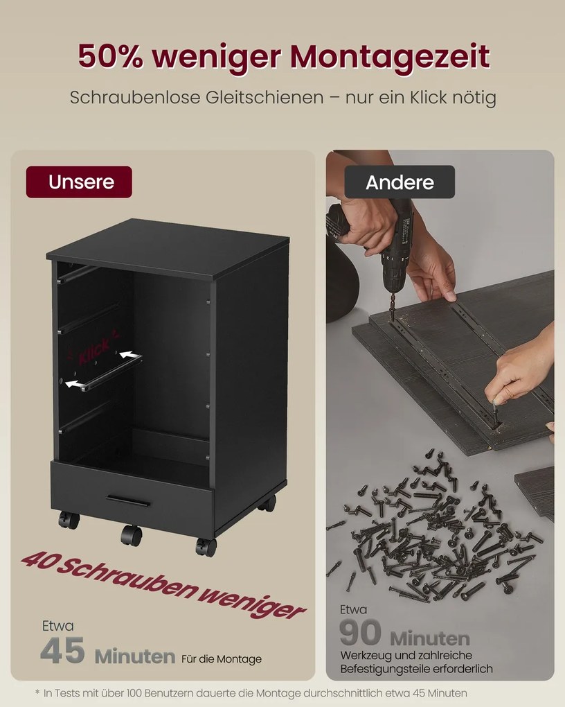 Bloco Gavetas escritorio com rodas 40 x 42 x 65,7 cm, 5 gavetas, corrediças sem parafusos, Preto