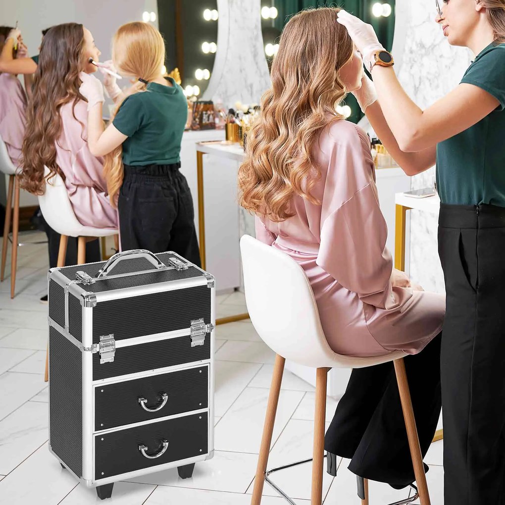 HOMCOM Mala de Maquilhagem Professional Mala para Cosméticos com Rodas 6 Gavetas Extensíveis Fechadura 2 Chaves e Alça Retrátil 36x23x58cm Preto