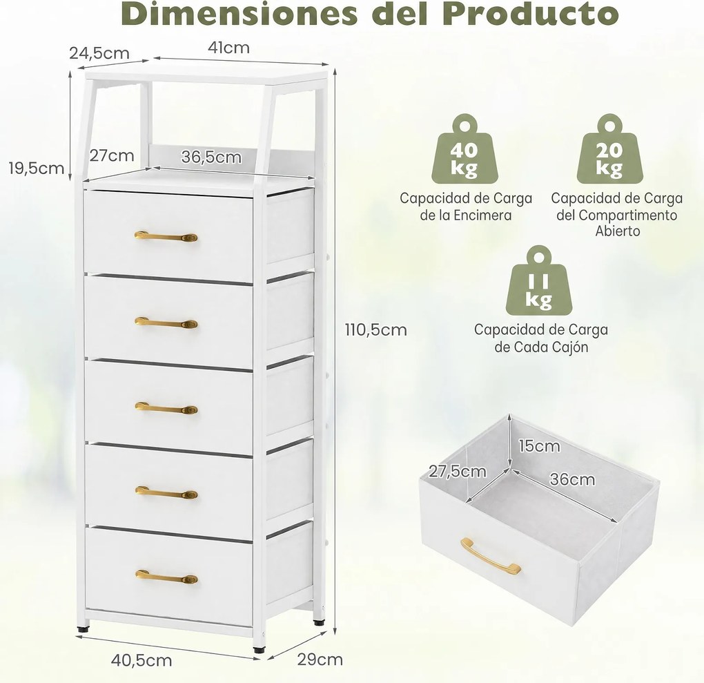 Cómoda de 5 Gavetas, 40,5 x 29 x 110,5 cm, Gavetas de Tecido Removíveis, Branco