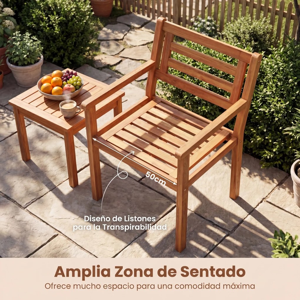 Conjunto de 2 cadeiras de jardim em madeira de acácia com encosto inclinado (MESA NÃO INCLUIDA), braços e assento em ripas, com capacidade para 180 kg