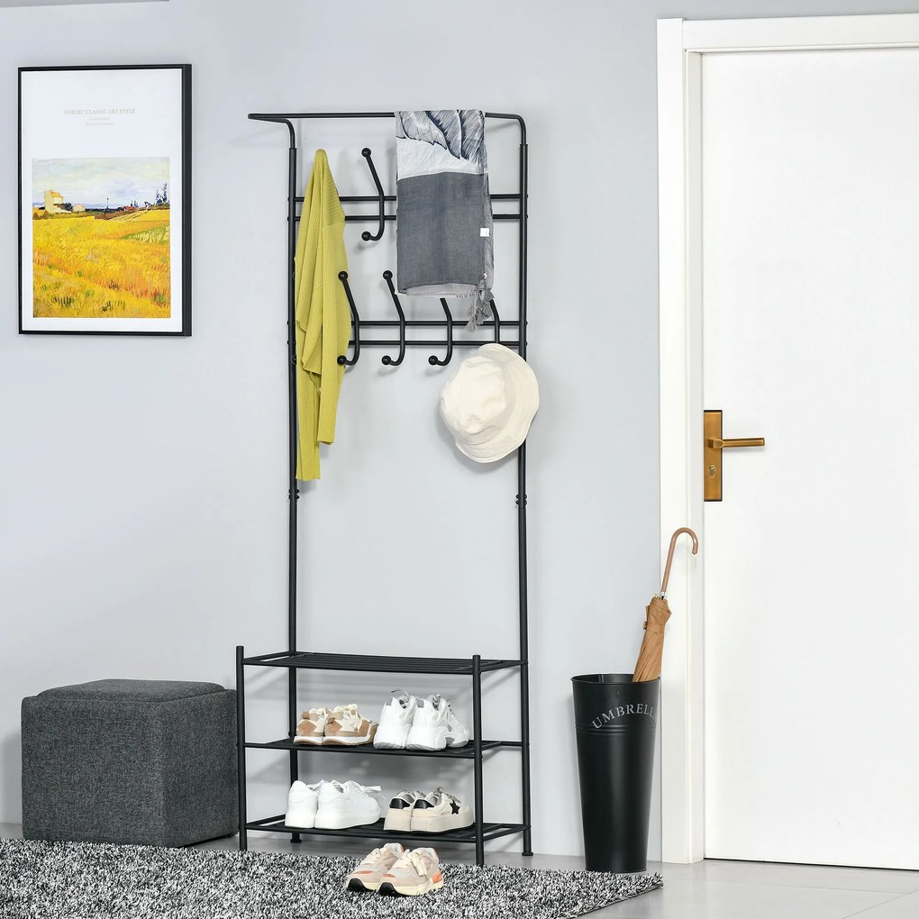 HOMCOM Móvel Cabide de Entrada com 18 Ganchos e Sapateira Armário de Entrada com Cabide com 3 Prateleiras 67x30x185 cm Preto