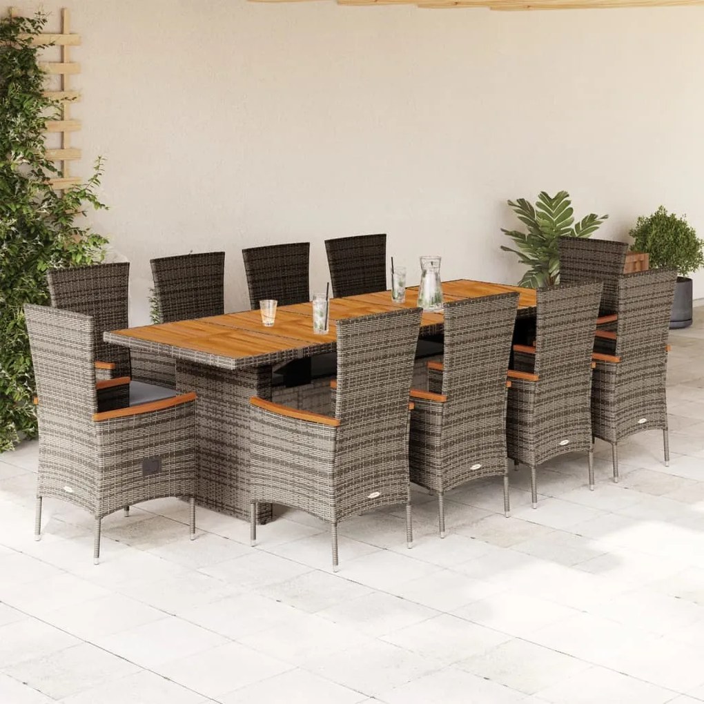 vidaXL 11 pcs conjunto jantar p/ jardim c/ almofadões vime PE cinzento