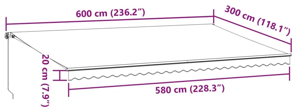 Toldo retrátil manual 600x300 cm castanho