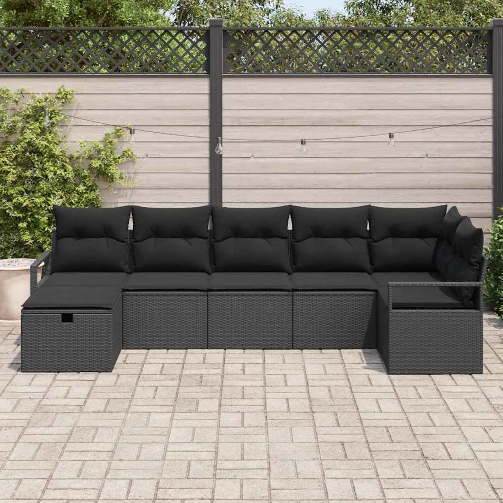 Conjunto de Sofá de Jardim vidaXL 7 Peças com Almofadas Preto Rattan P