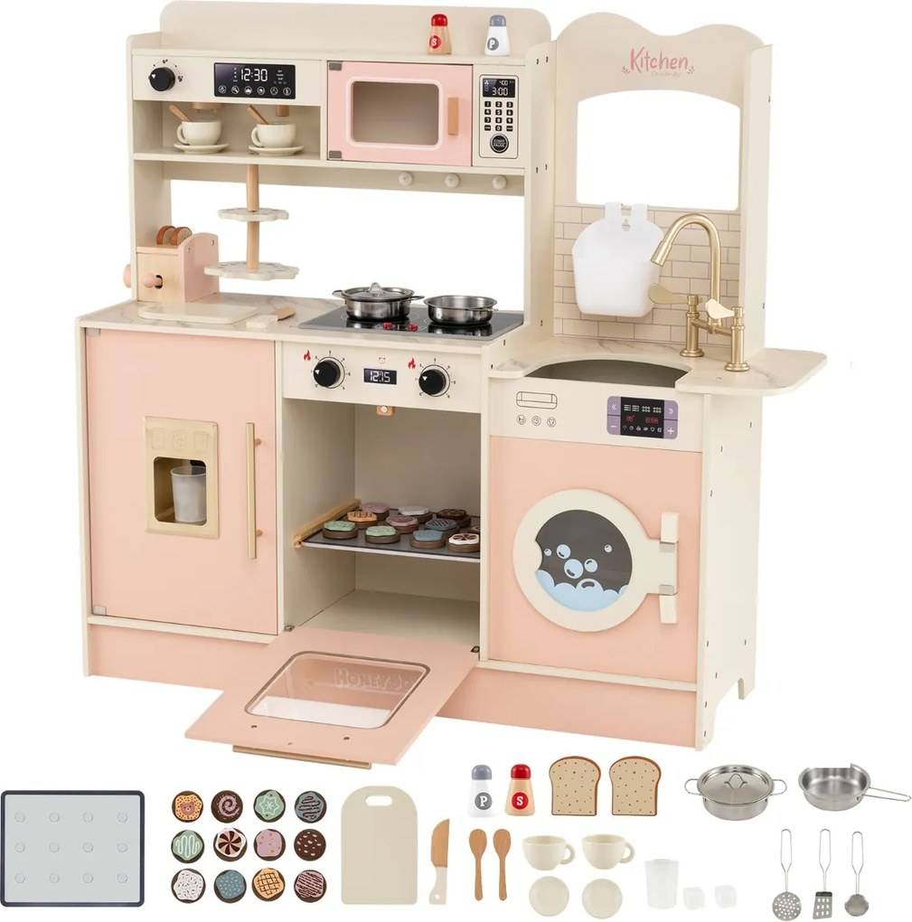 Cozinha de brincar em madeira para crianças 100 x 29,5 x 94 cm com luz, som e vários acessórios, forno micro-ondas e torneira para maiores de 3 anos R