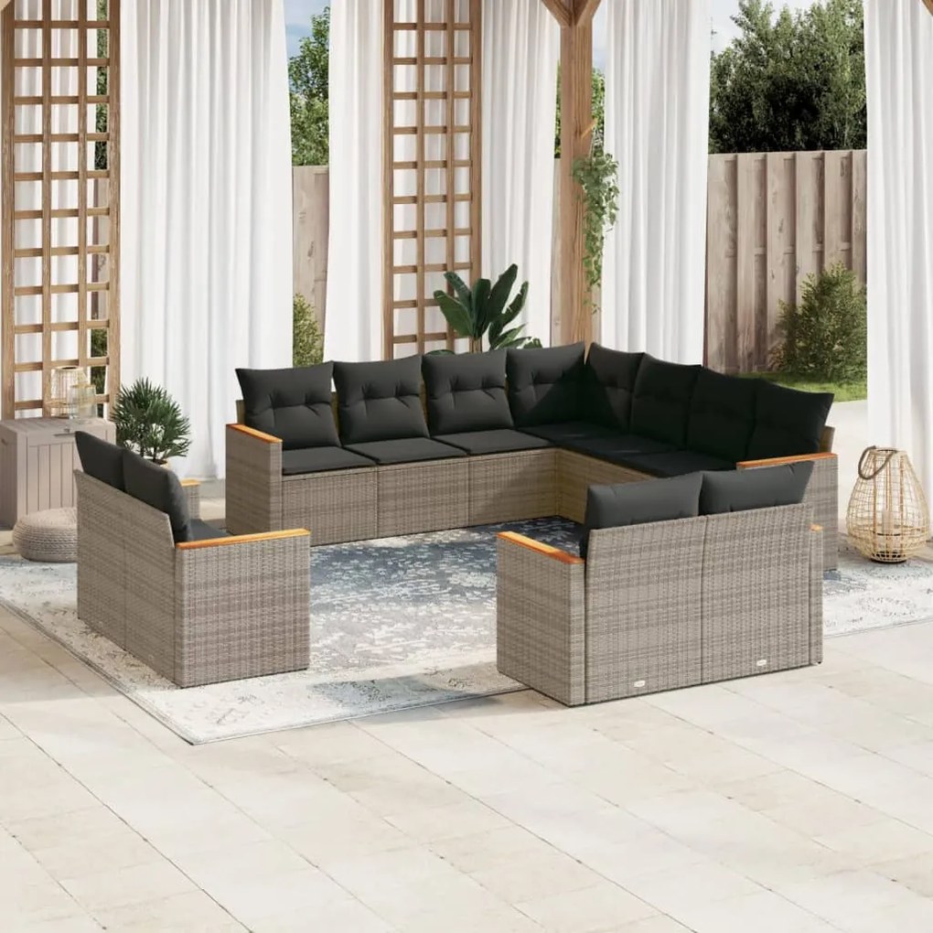 11 pcs conjunto sofás de jardim c/ almofadões vime PE cinzento