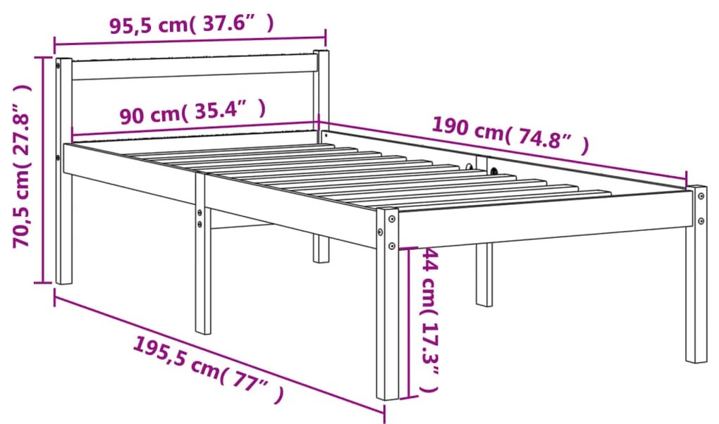 Cama para idosos 90x190 cm madeira pinho maciça castanho cera