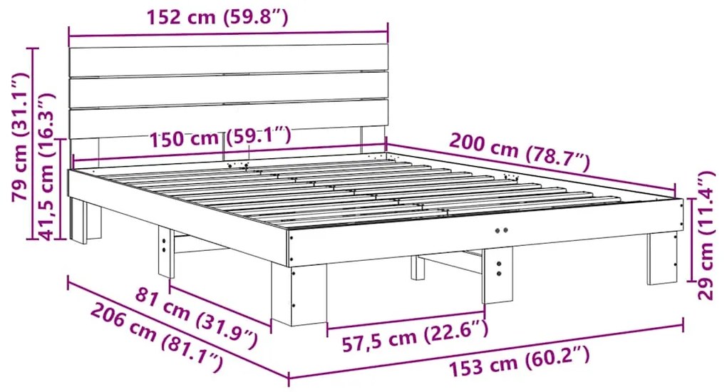 Estrutura cama cabeceira sem colchão 150x200 cm maciça carvalho