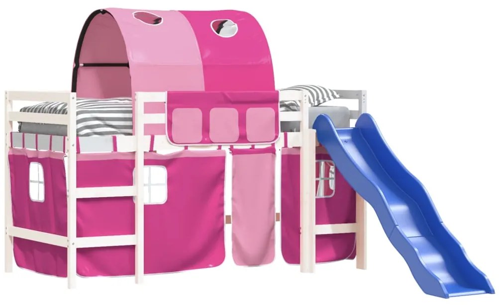 Cama alta para criança com túnel 80x200 cm pinho maciço rosa