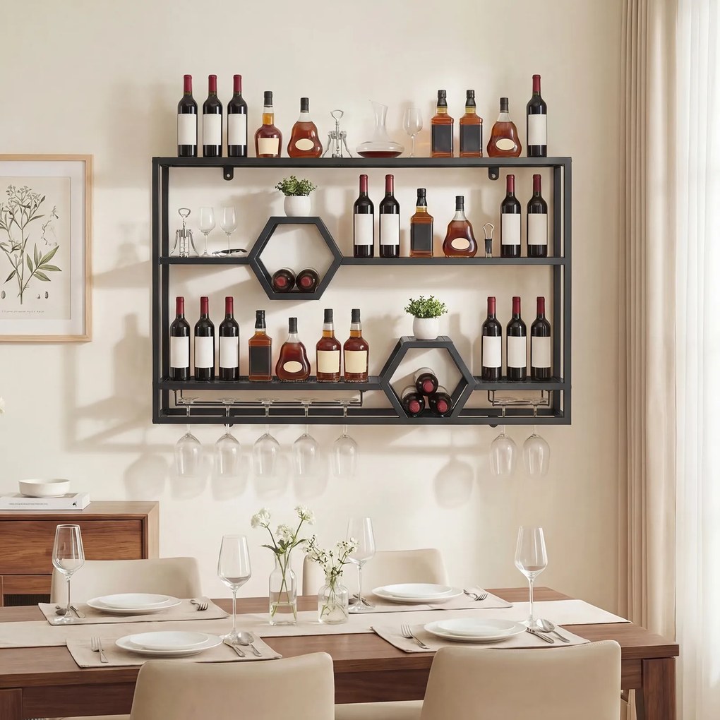 Garrafeira de Parede, 120 x 20 x 77 cm, Suporte para Copos, Preto