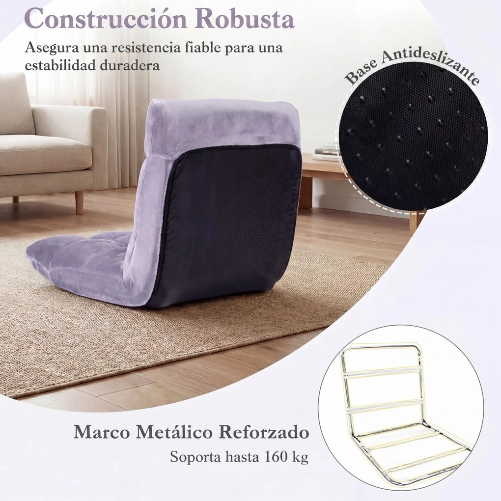 Cadeira de Chão Dobrável, 104 x 53 x 15 cm, Encosto Ajustável em 14 Posições, Roxo-claro