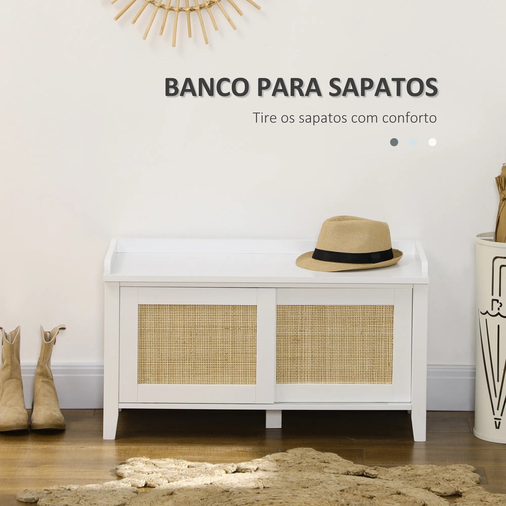 Banco Sapateira com 2 Portas de Vime Estilo Boémio Carga Máxima 130 kg para Corredor Entrada 80x35x45 cm Branco e Bege